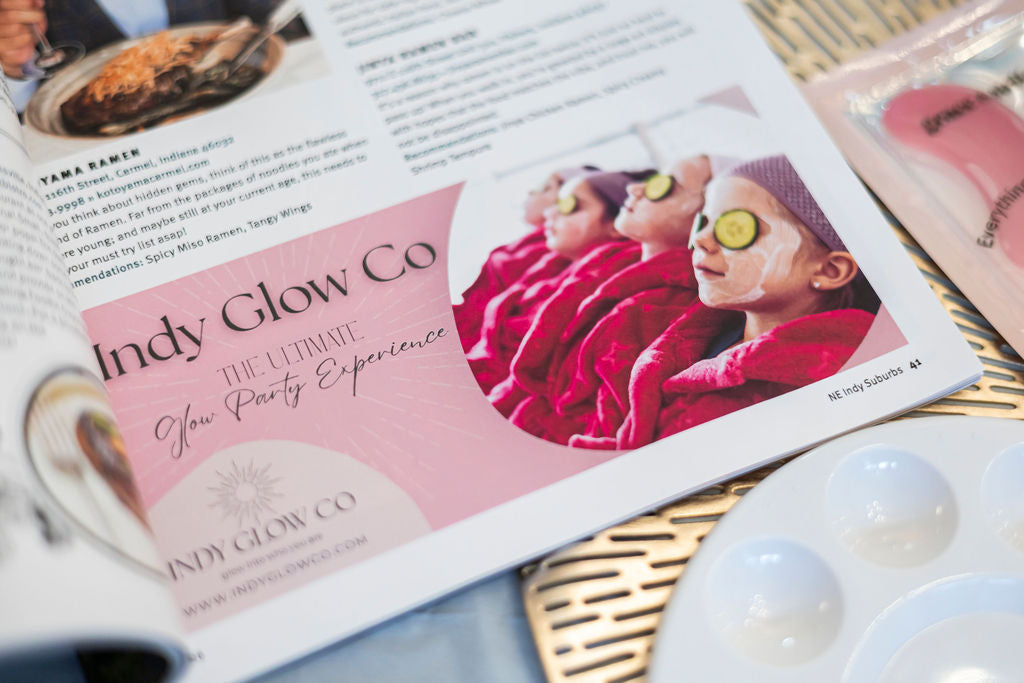 Promotional flyer for Indy Glow Co with a photo of a woman receiving a facial treatment.